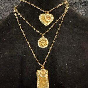Gold-Tone Triple Layer Necklace with Heart & Disc Charms